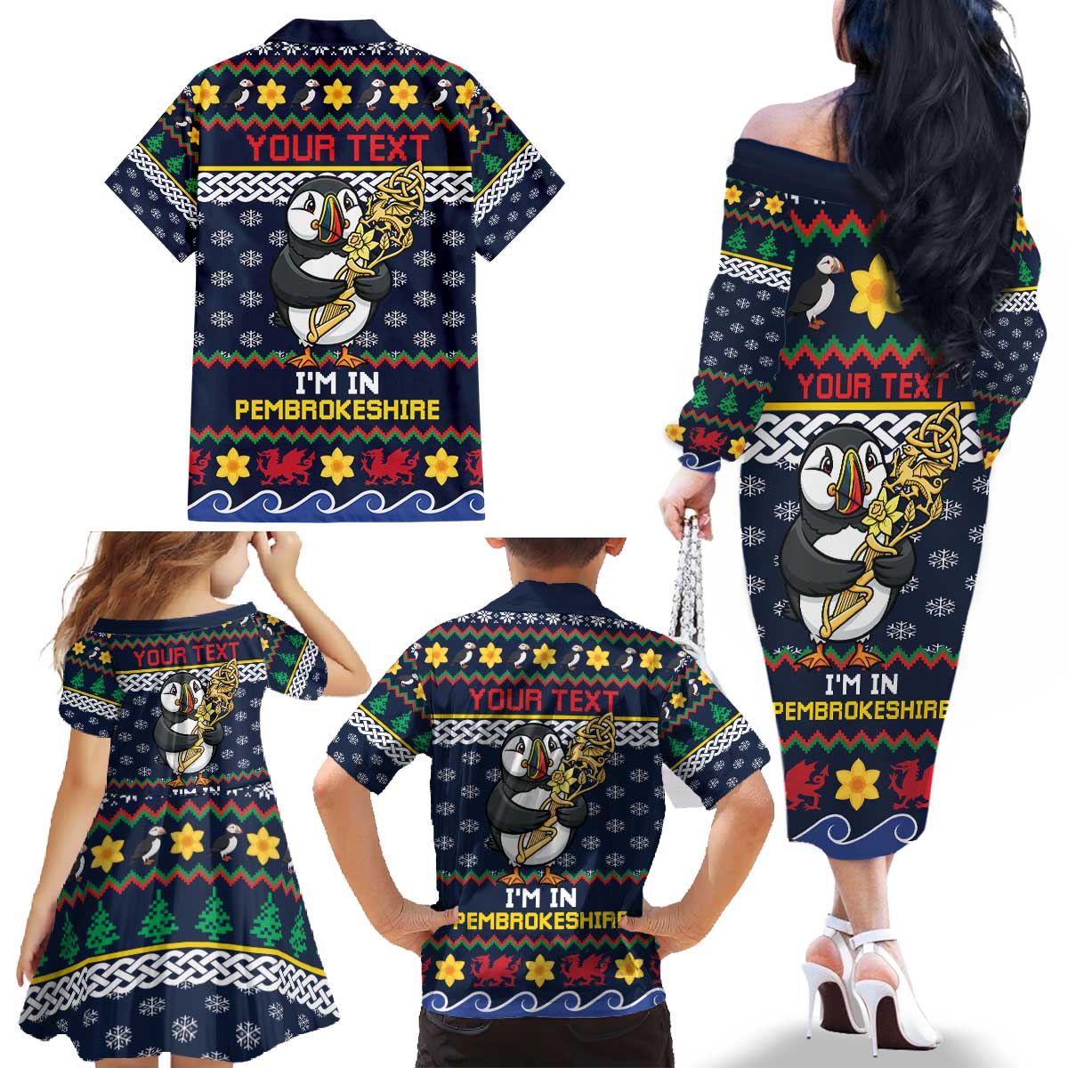 Personalized Pembrokeshire Wales Christmas Family Matching Off The Shoulder Long Sleeve Dress and Hawaiian Shirt The Lovespoon Puffin - Wonder Print Shop