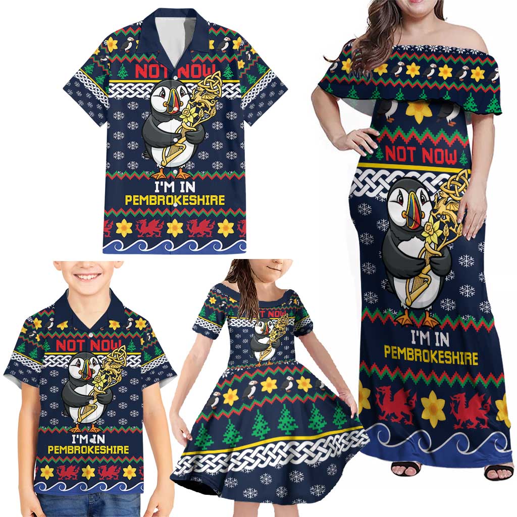 Personalized Pembrokeshire Wales Christmas Family Matching Off Shoulder Maxi Dress and Hawaiian Shirt The Lovespoon Puffin - Wonder Print Shop