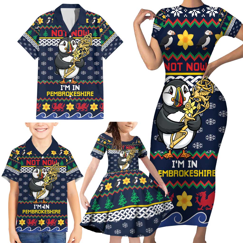 Personalized Pembrokeshire Wales Christmas Family Matching Short Sleeve Bodycon Dress and Hawaiian Shirt The Lovespoon Puffin - Wonder Print Shop