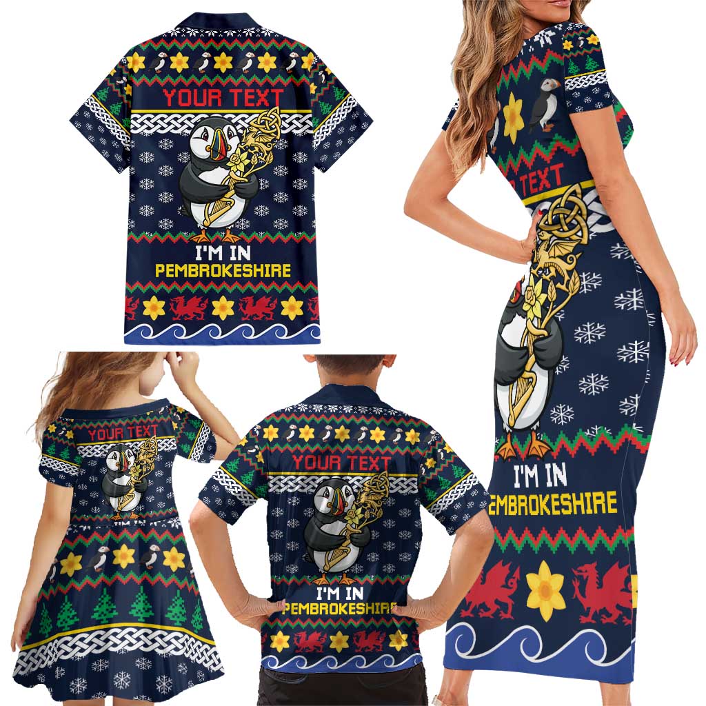 Personalized Pembrokeshire Wales Christmas Family Matching Short Sleeve Bodycon Dress and Hawaiian Shirt The Lovespoon Puffin - Wonder Print Shop