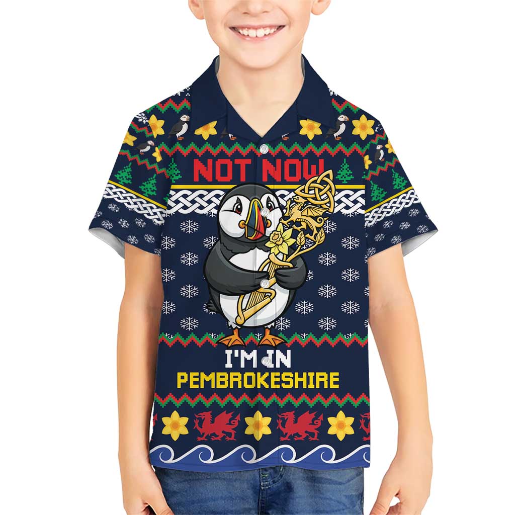 Personalized Pembrokeshire Wales Christmas Family Matching Short Sleeve Bodycon Dress and Hawaiian Shirt The Lovespoon Puffin - Wonder Print Shop