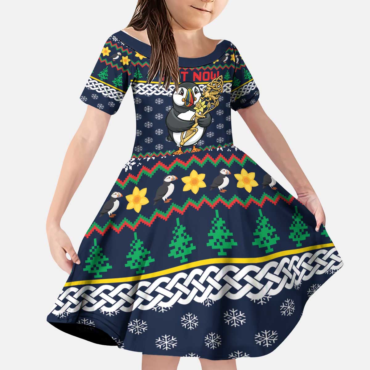 Personalized Pembrokeshire Wales Christmas Kid Short Sleeve Dress The Lovespoon Puffin - Wonder Print Shop