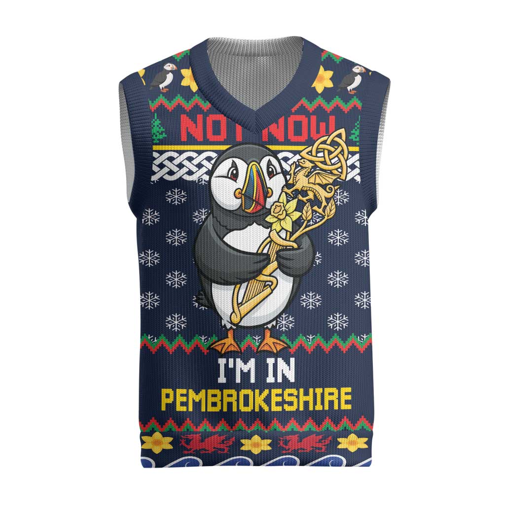 Personalized Pembrokeshire Wales Christmas Knitted V-Neck Vest The Lovespoon Puffin - Wonder Print Shop