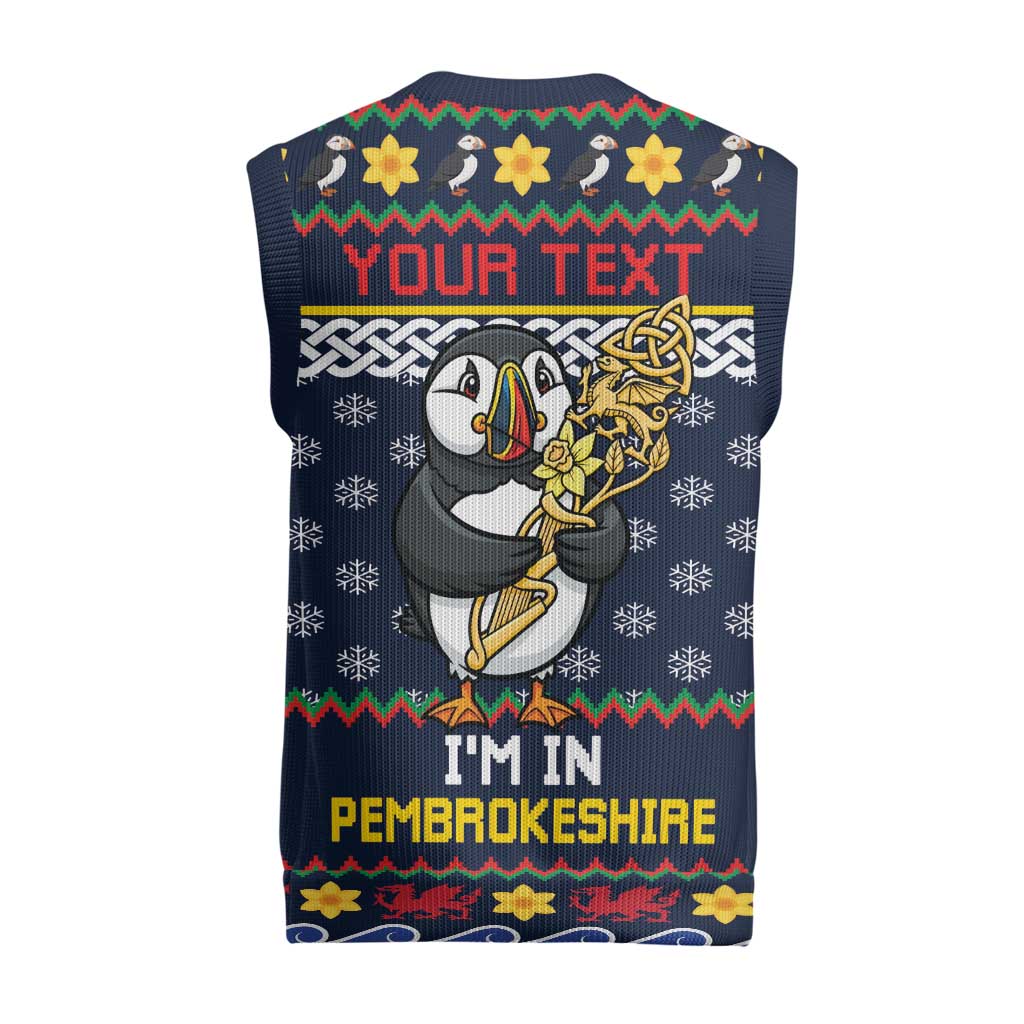 Personalized Pembrokeshire Wales Christmas Knitted V-Neck Vest The Lovespoon Puffin - Wonder Print Shop