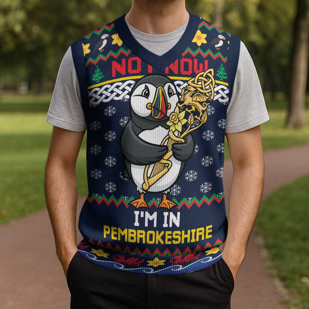 Personalized Pembrokeshire Wales Christmas Knitted V-Neck Vest The Lovespoon Puffin - Wonder Print Shop