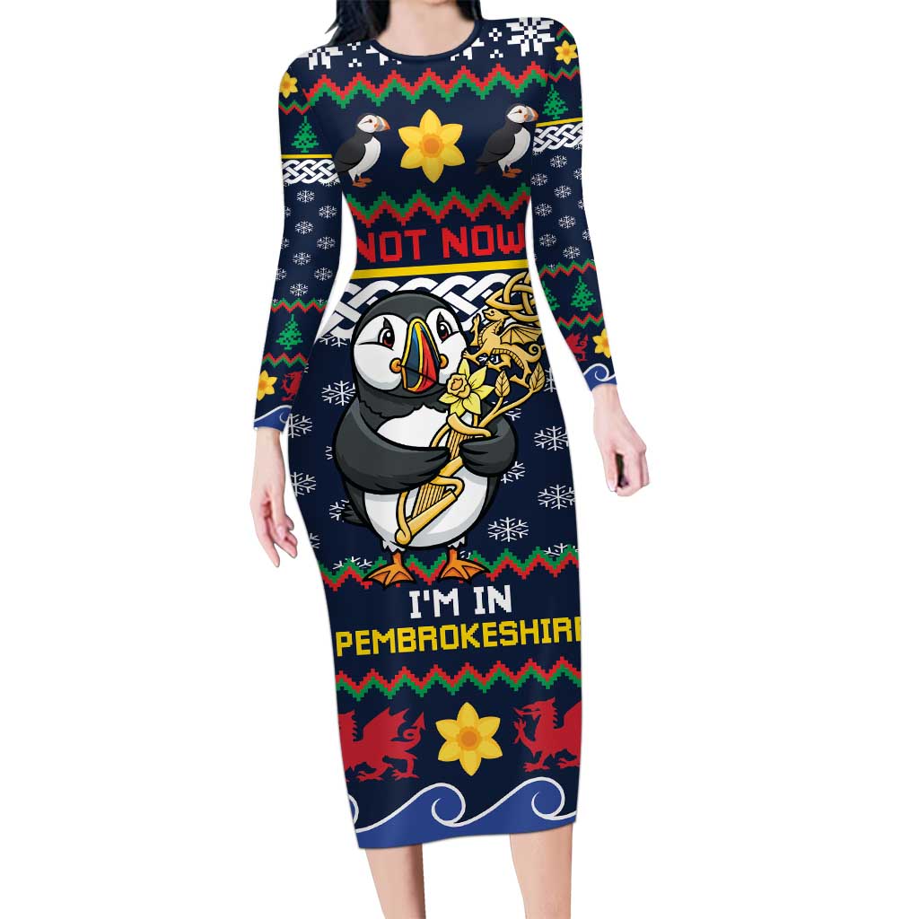 Personalized Pembrokeshire Wales Christmas Long Sleeve Bodycon Dress The Lovespoon Puffin - Wonder Print Shop