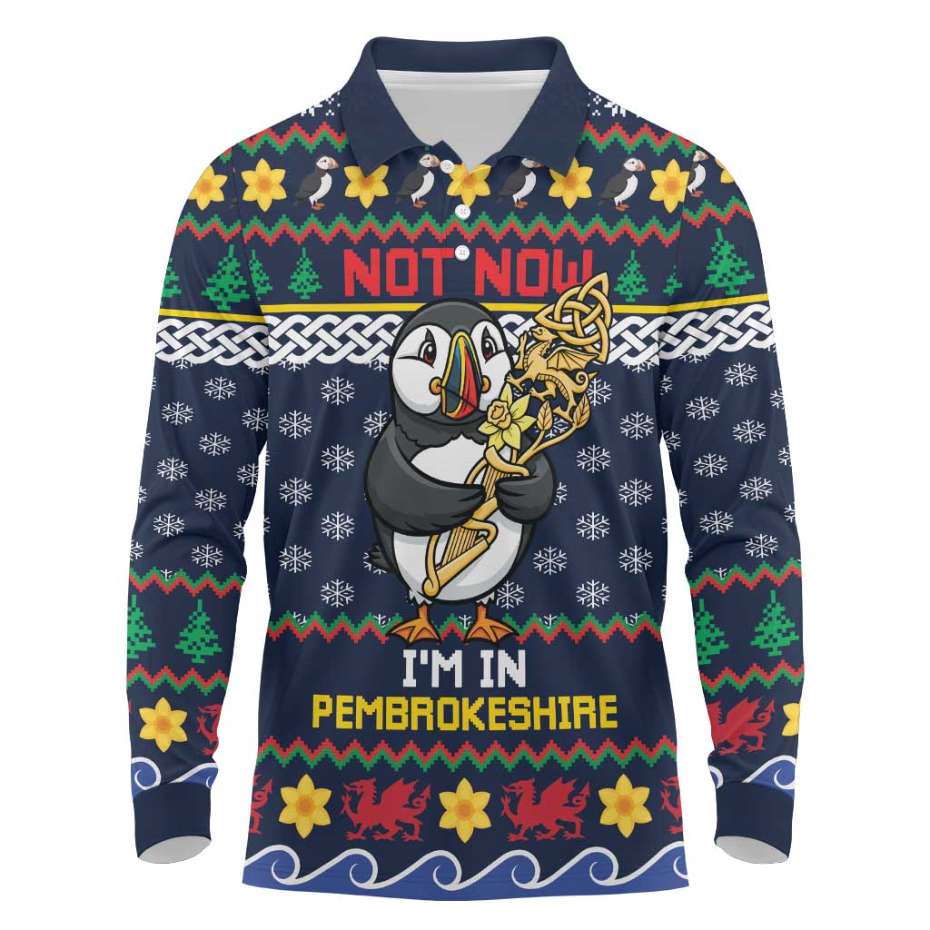 Personalized Pembrokeshire Wales Christmas Long Sleeve Polo Shirt The Lovespoon Puffin - Wonder Print Shop