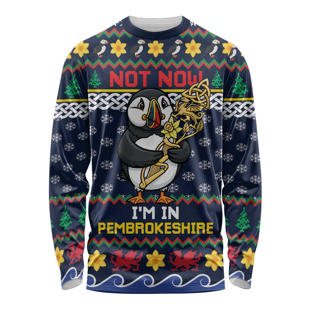 Personalized Pembrokeshire Wales Christmas Long Sleeve Shirt The Lovespoon Puffin - Wonder Print Shop