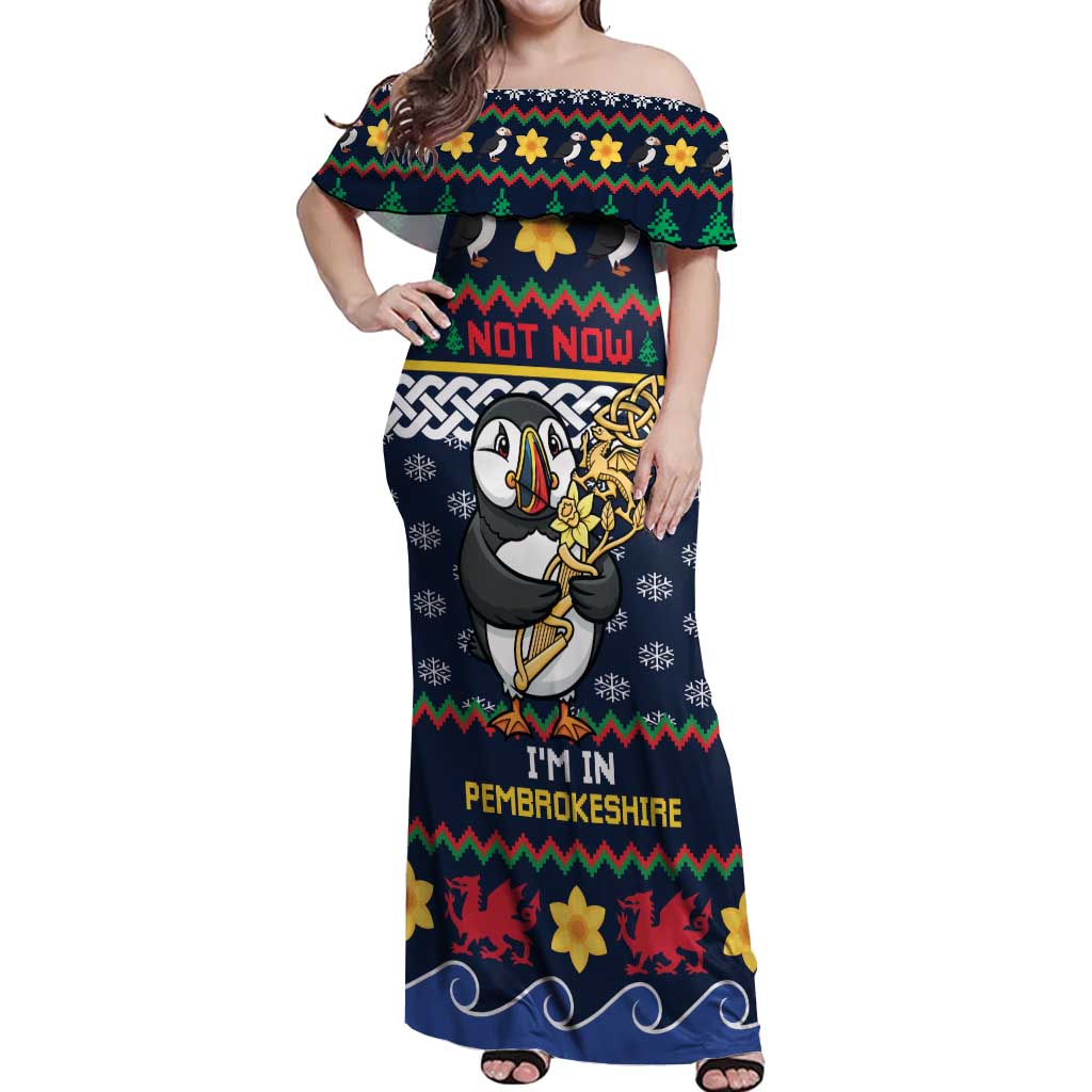 Personalized Pembrokeshire Wales Christmas Off Shoulder Maxi Dress The Lovespoon Puffin - Wonder Print Shop