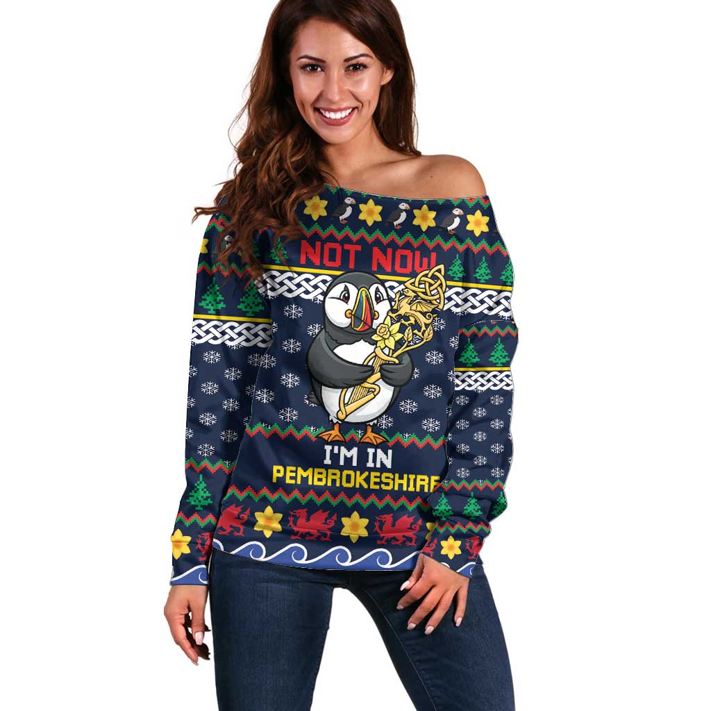 Personalized Pembrokeshire Wales Christmas Off Shoulder Sweater The Lovespoon Puffin - Wonder Print Shop