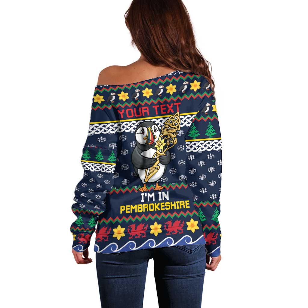 Personalized Pembrokeshire Wales Christmas Off Shoulder Sweater The Lovespoon Puffin - Wonder Print Shop