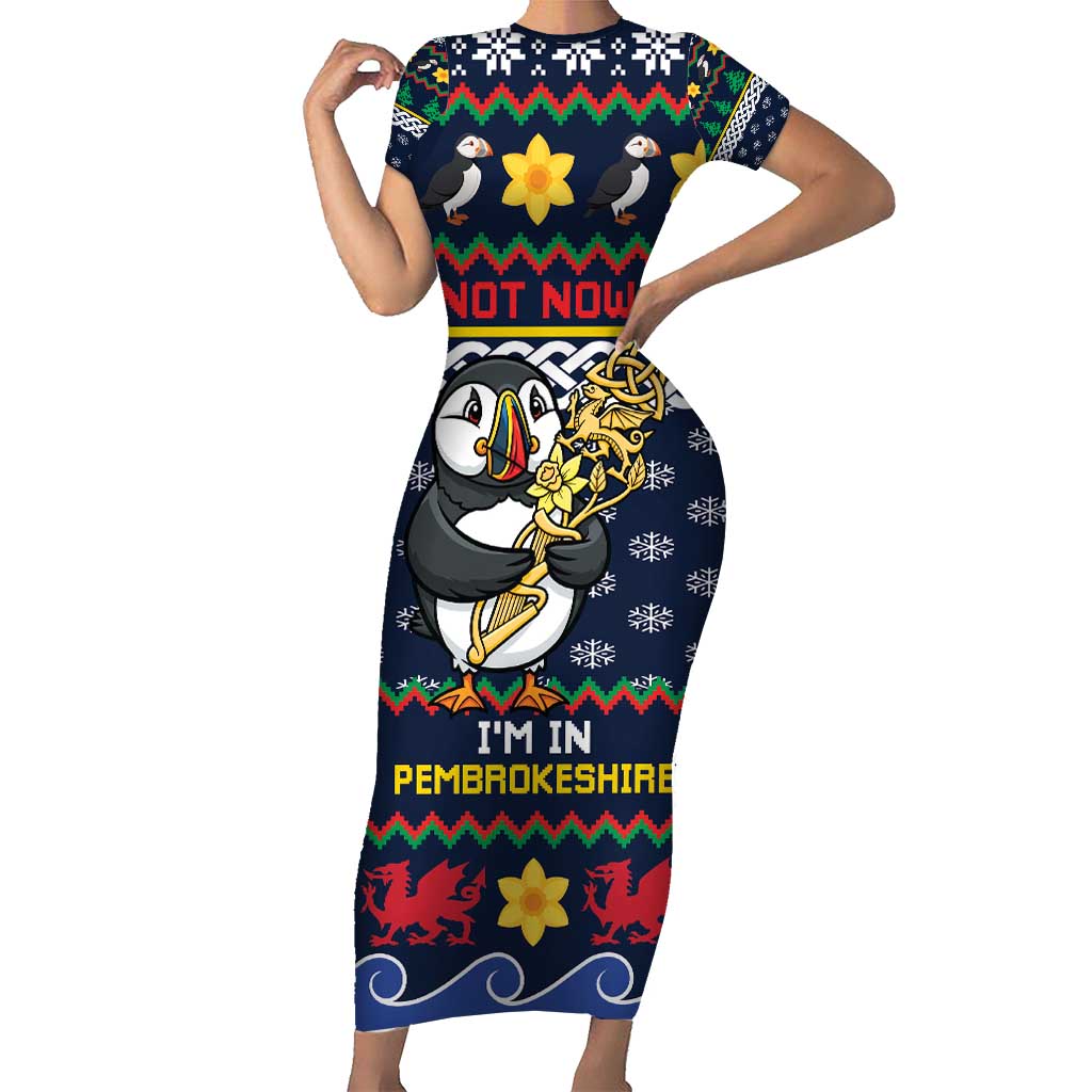Personalized Pembrokeshire Wales Christmas Short Sleeve Bodycon Dress The Lovespoon Puffin - Wonder Print Shop