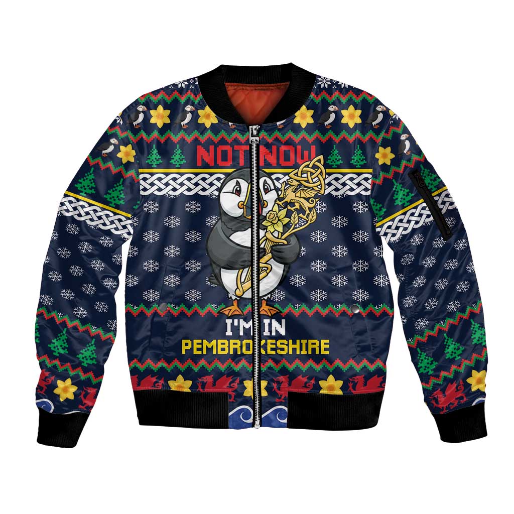 Personalized Pembrokeshire Wales Christmas Sleeve Zip Bomber Jacket The Lovespoon Puffin - Wonder Print Shop