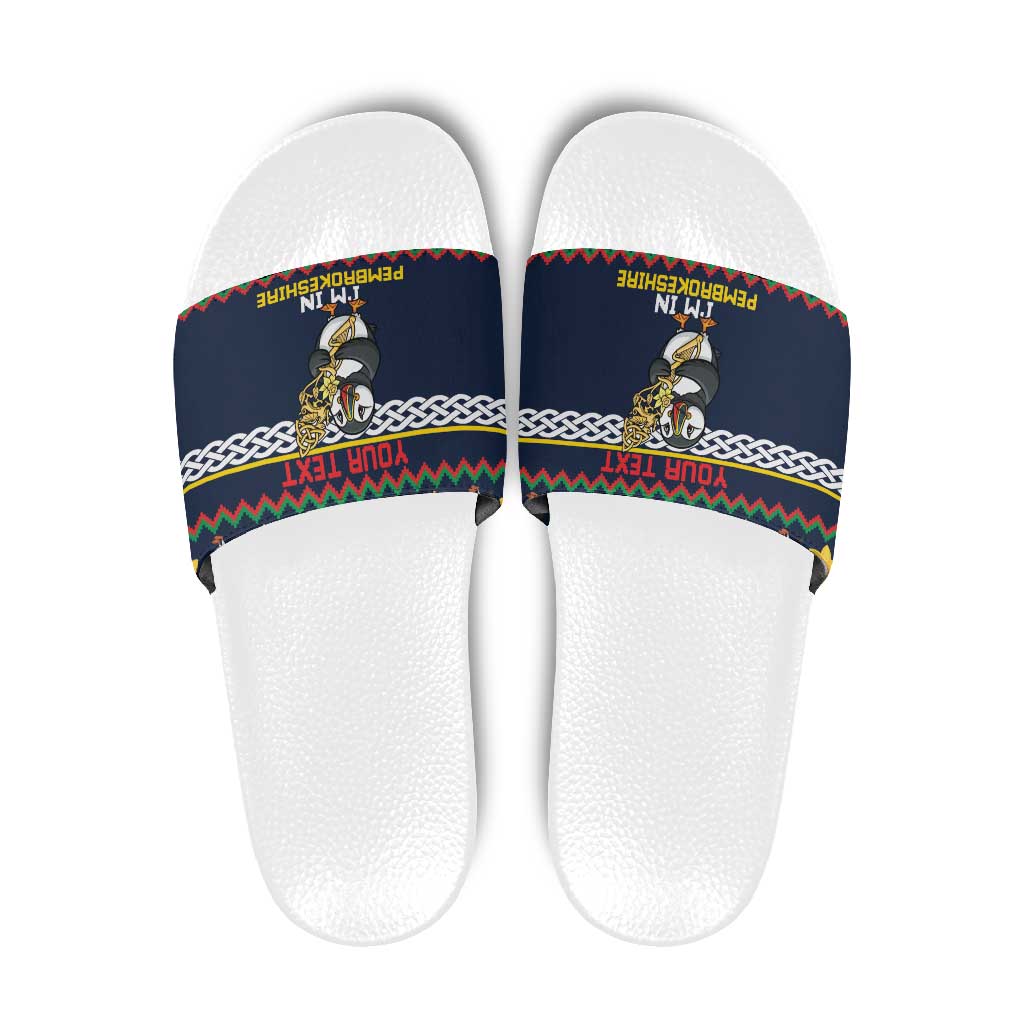 Personalized Pembrokeshire Wales Christmas Slide Sandals The Lovespoon Puffin - Wonder Print Shop
