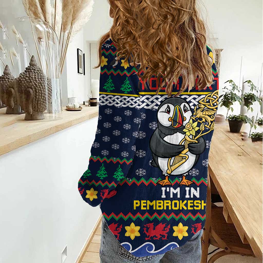 Personalized Pembrokeshire Wales Christmas Women Casual Shirt The Lovespoon Puffin - Wonder Print Shop