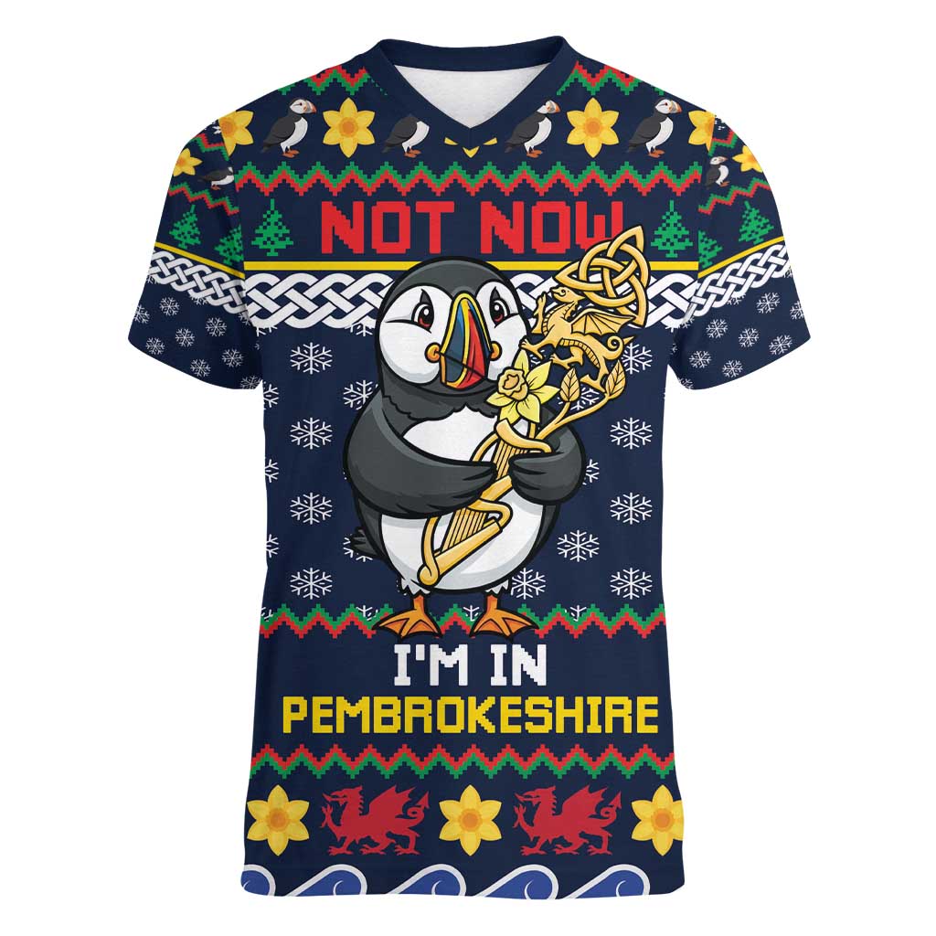 Personalized Pembrokeshire Wales Christmas Women V-Neck T-Shirt The Lovespoon Puffin - Wonder Print Shop
