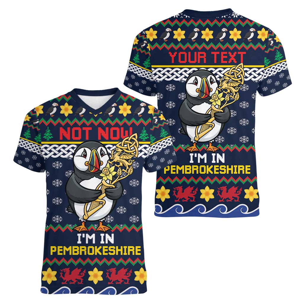 Personalized Pembrokeshire Wales Christmas Women V-Neck T-Shirt The Lovespoon Puffin - Wonder Print Shop