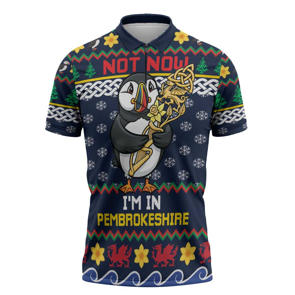 Personalized Pembrokeshire Wales Christmas Zipper Polo Shirt The Lovespoon Puffin - Wonder Print Shop