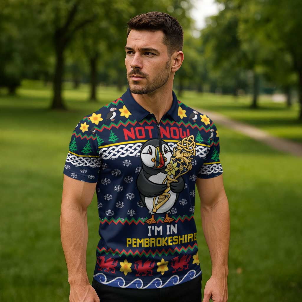 Personalized Pembrokeshire Wales Christmas Zipper Polo Shirt The Lovespoon Puffin - Wonder Print Shop