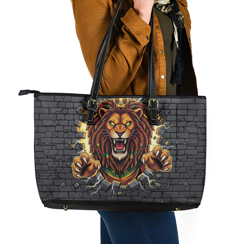 Jamaica Rasta Lion Leather Tote Bag Reggae Lion Breaking Wall Design - Wonder Print Shop