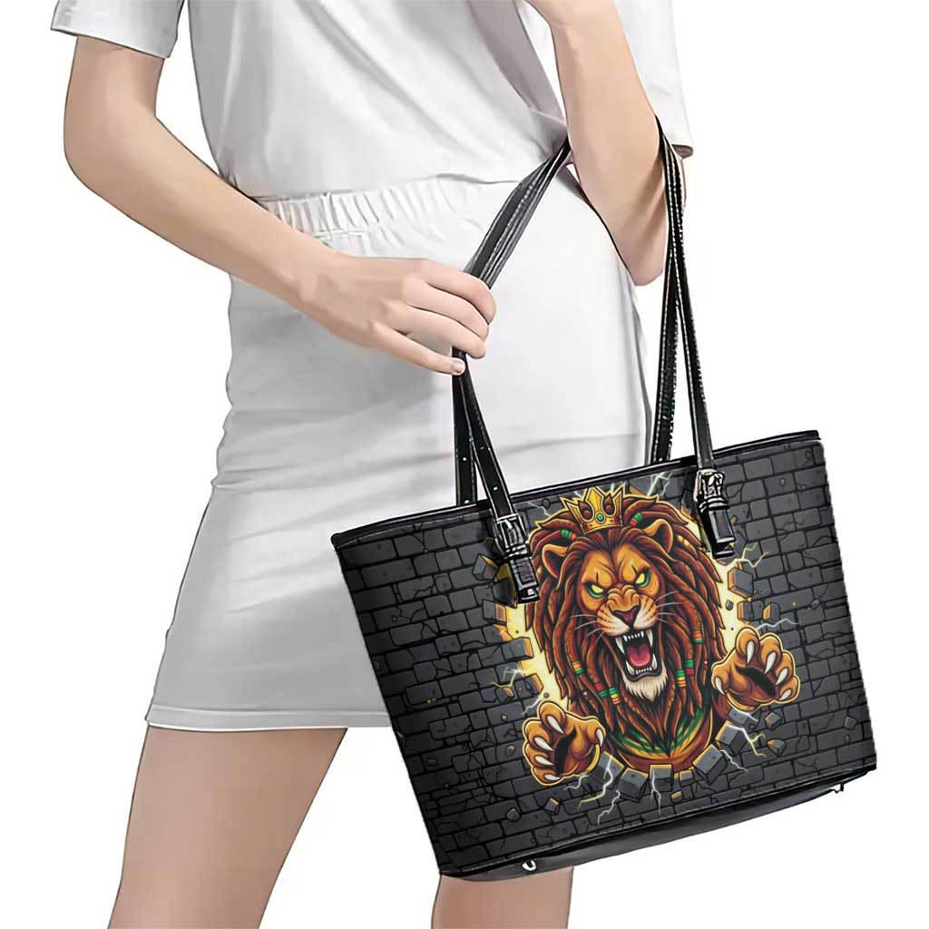 Jamaica Rasta Lion Leather Tote Bag Reggae Lion Breaking Wall Design - Wonder Print Shop
