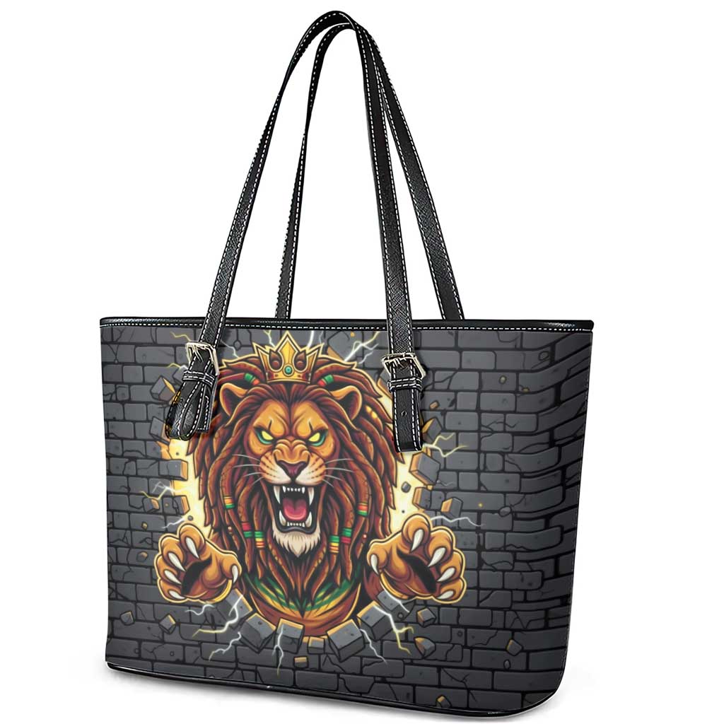 Jamaica Rasta Lion Leather Tote Bag Reggae Lion Breaking Wall Design - Wonder Print Shop