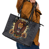Jamaica Rasta Lion Leather Tote Bag Reggae Lion Breaking Wall Design - Wonder Print Shop