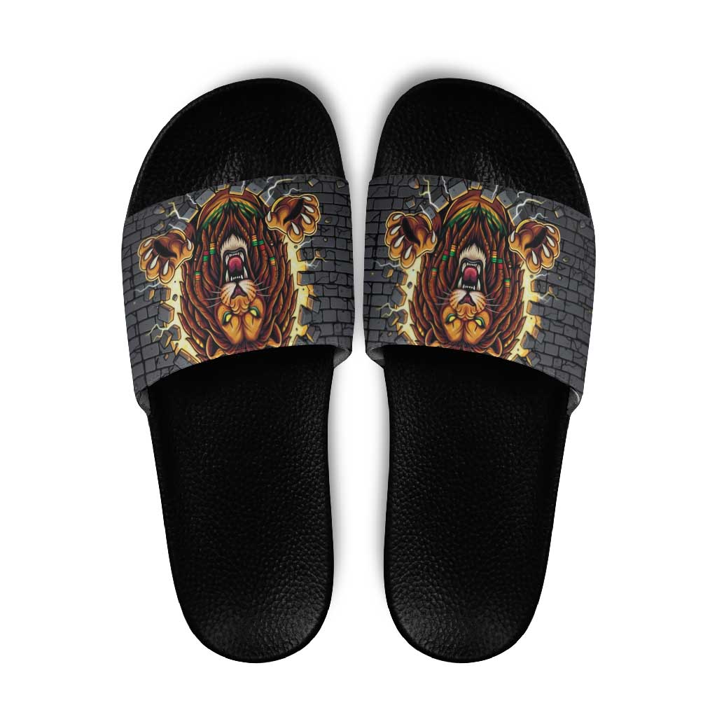 Jamaica Rasta Lion Slide Sandals Reggae Lion Breaking Wall Design - Wonder Print Shop