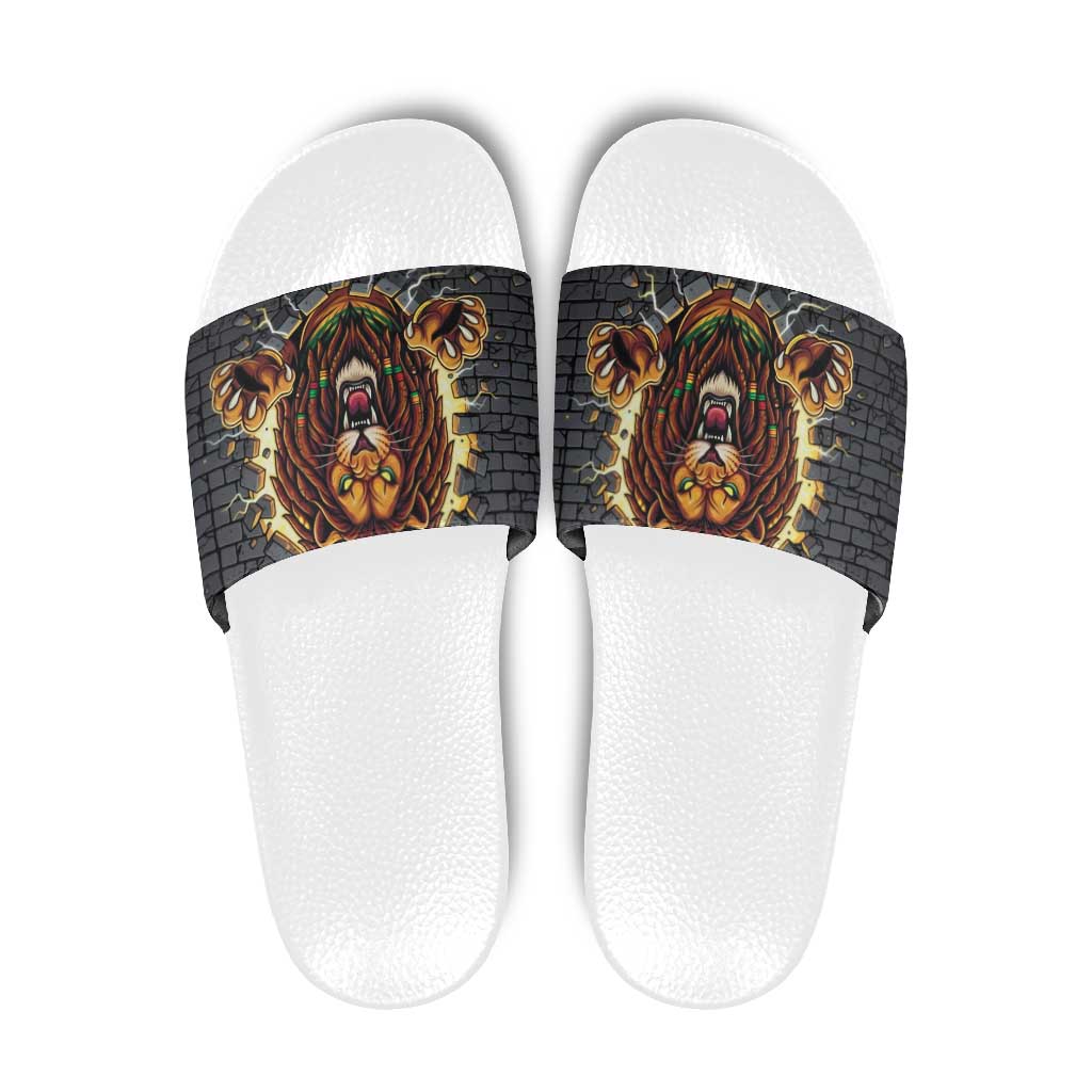 Jamaica Rasta Lion Slide Sandals Reggae Lion Breaking Wall Design - Wonder Print Shop