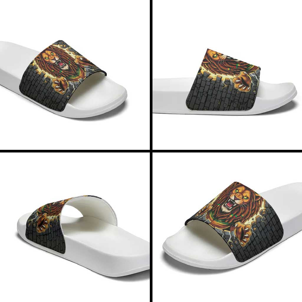 Jamaica Rasta Lion Slide Sandals Reggae Lion Breaking Wall Design - Wonder Print Shop