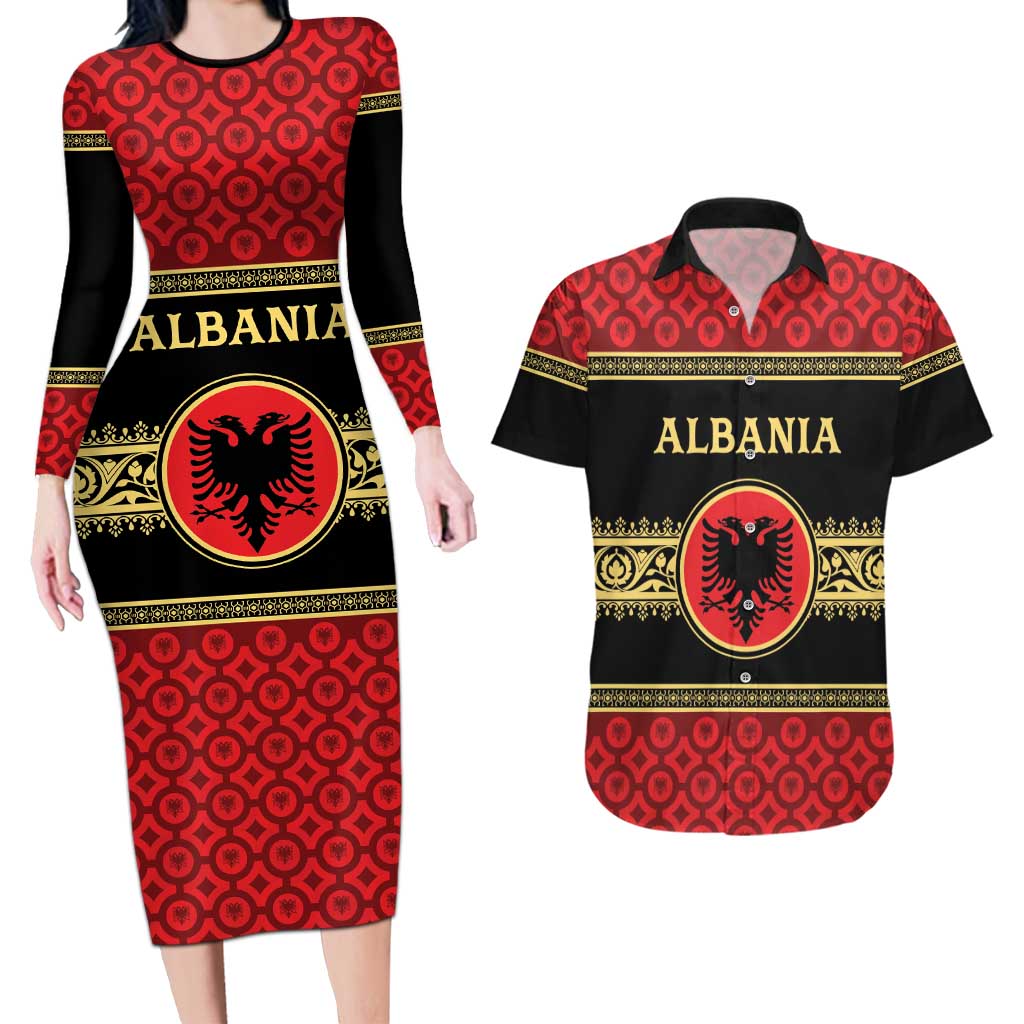 Personalized Albania Eagle Couples Matching Long Sleeve Bodycon Dress and Hawaiian Shirt Red and Black Heritage - Wonder Print Shop