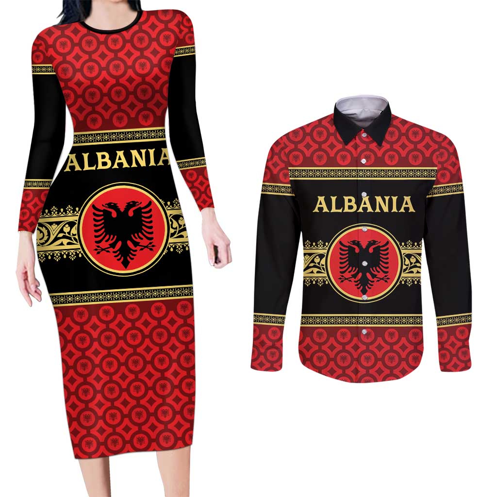 Personalized Albania Eagle Couples Matching Long Sleeve Bodycon Dress and Long Sleeve Button Shirt Red and Black Heritage - Wonder Print Shop