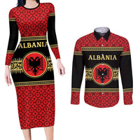 Personalized Albania Eagle Couples Matching Long Sleeve Bodycon Dress and Long Sleeve Button Shirt Red and Black Heritage - Wonder Print Shop