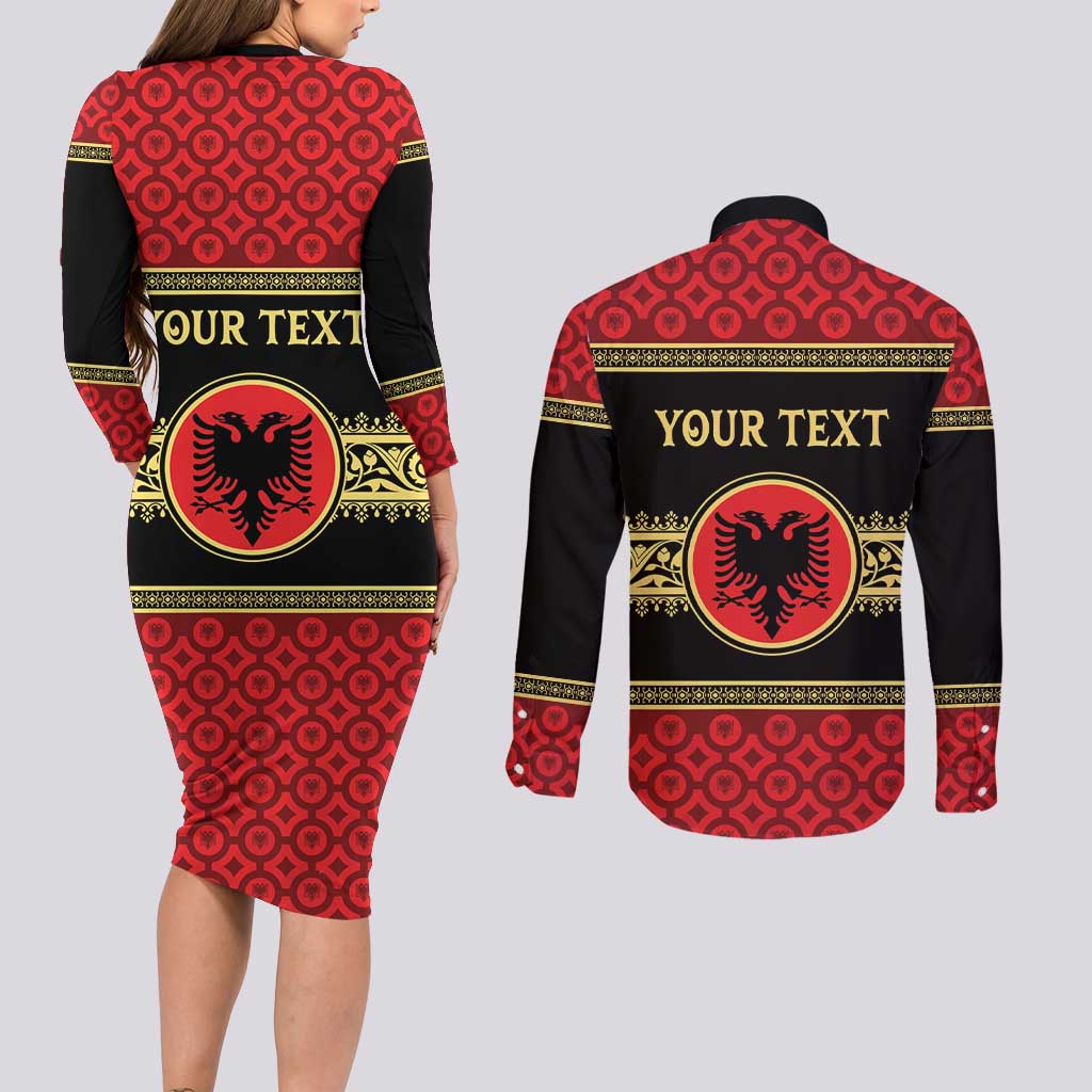 Personalized Albania Eagle Couples Matching Long Sleeve Bodycon Dress and Long Sleeve Button Shirt Red and Black Heritage - Wonder Print Shop