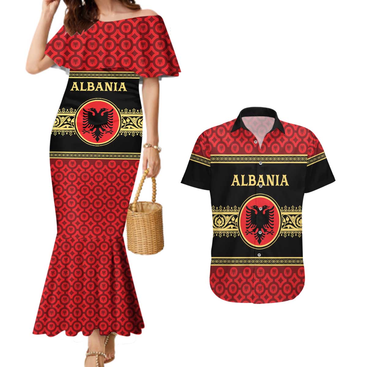 Personalized Albania Eagle Couples Matching Mermaid Dress and Hawaiian Shirt Red and Black Heritage - Wonder Print Shop