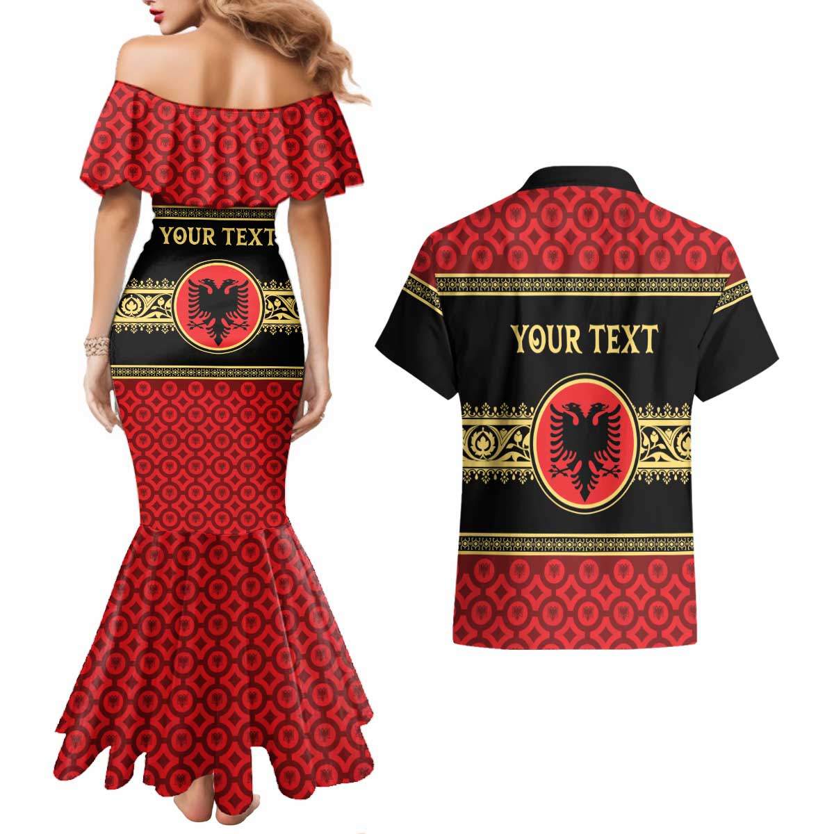 Personalized Albania Eagle Couples Matching Mermaid Dress and Hawaiian Shirt Red and Black Heritage - Wonder Print Shop