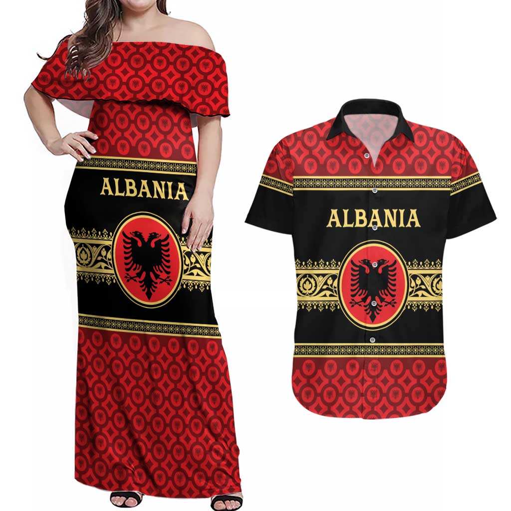 Personalized Albania Eagle Couples Matching Off Shoulder Maxi Dress and Hawaiian Shirt Red and Black Heritage - Wonder Print Shop