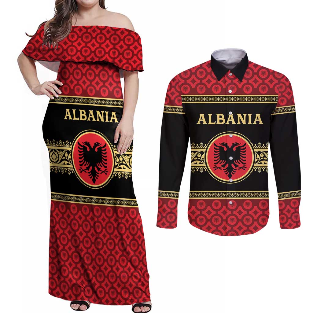Personalized Albania Eagle Couples Matching Off Shoulder Maxi Dress and Long Sleeve Button Shirt Red and Black Heritage - Wonder Print Shop