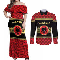 Personalized Albania Eagle Couples Matching Off Shoulder Maxi Dress and Long Sleeve Button Shirt Red and Black Heritage - Wonder Print Shop