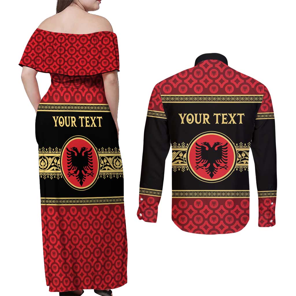 Personalized Albania Eagle Couples Matching Off Shoulder Maxi Dress and Long Sleeve Button Shirt Red and Black Heritage - Wonder Print Shop
