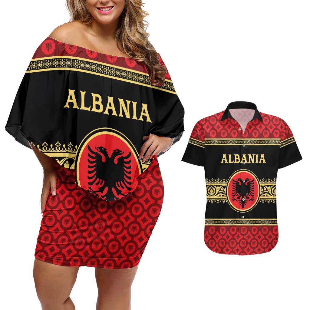 Personalized Albania Eagle Couples Matching Off Shoulder Short Dress and Hawaiian Shirt Red and Black Heritage - Wonder Print Shop