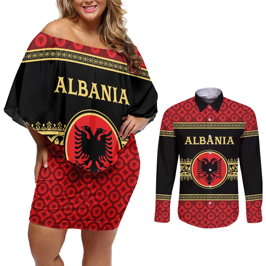 Personalized Albania Eagle Couples Matching Off Shoulder Short Dress and Long Sleeve Button Shirt Red and Black Heritage - Wonder Print Shop