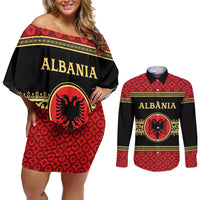 Personalized Albania Eagle Couples Matching Off Shoulder Short Dress and Long Sleeve Button Shirt Red and Black Heritage - Wonder Print Shop