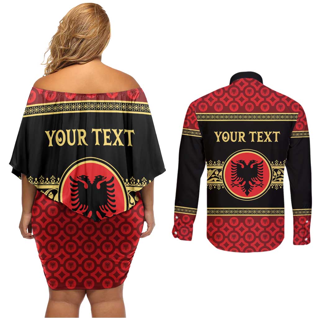 Personalized Albania Eagle Couples Matching Off Shoulder Short Dress and Long Sleeve Button Shirt Red and Black Heritage - Wonder Print Shop