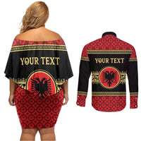 Personalized Albania Eagle Couples Matching Off Shoulder Short Dress and Long Sleeve Button Shirt Red and Black Heritage - Wonder Print Shop