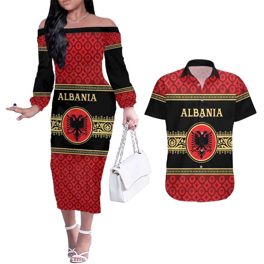 Personalized Albania Eagle Couples Matching Off The Shoulder Long Sleeve Dress and Hawaiian Shirt Red and Black Heritage - Wonder Print Shop