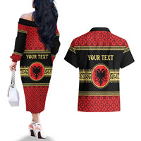 Personalized Albania Eagle Couples Matching Off The Shoulder Long Sleeve Dress and Hawaiian Shirt Red and Black Heritage - Wonder Print Shop