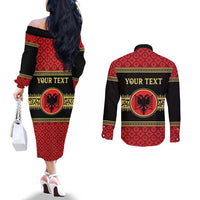 Personalized Albania Eagle Couples Matching Off The Shoulder Long Sleeve Dress and Long Sleeve Button Shirt Red and Black Heritage - Wonder Print Shop