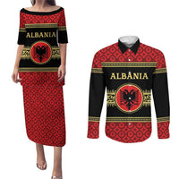 Personalized Albania Eagle Couples Matching Puletasi and Long Sleeve Button Shirt Red and Black Heritage - Wonder Print Shop