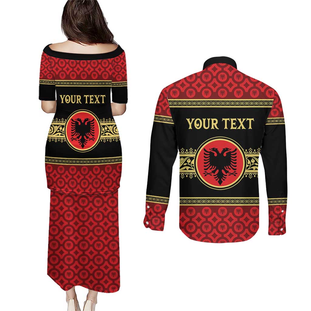 Personalized Albania Eagle Couples Matching Puletasi and Long Sleeve Button Shirt Red and Black Heritage - Wonder Print Shop